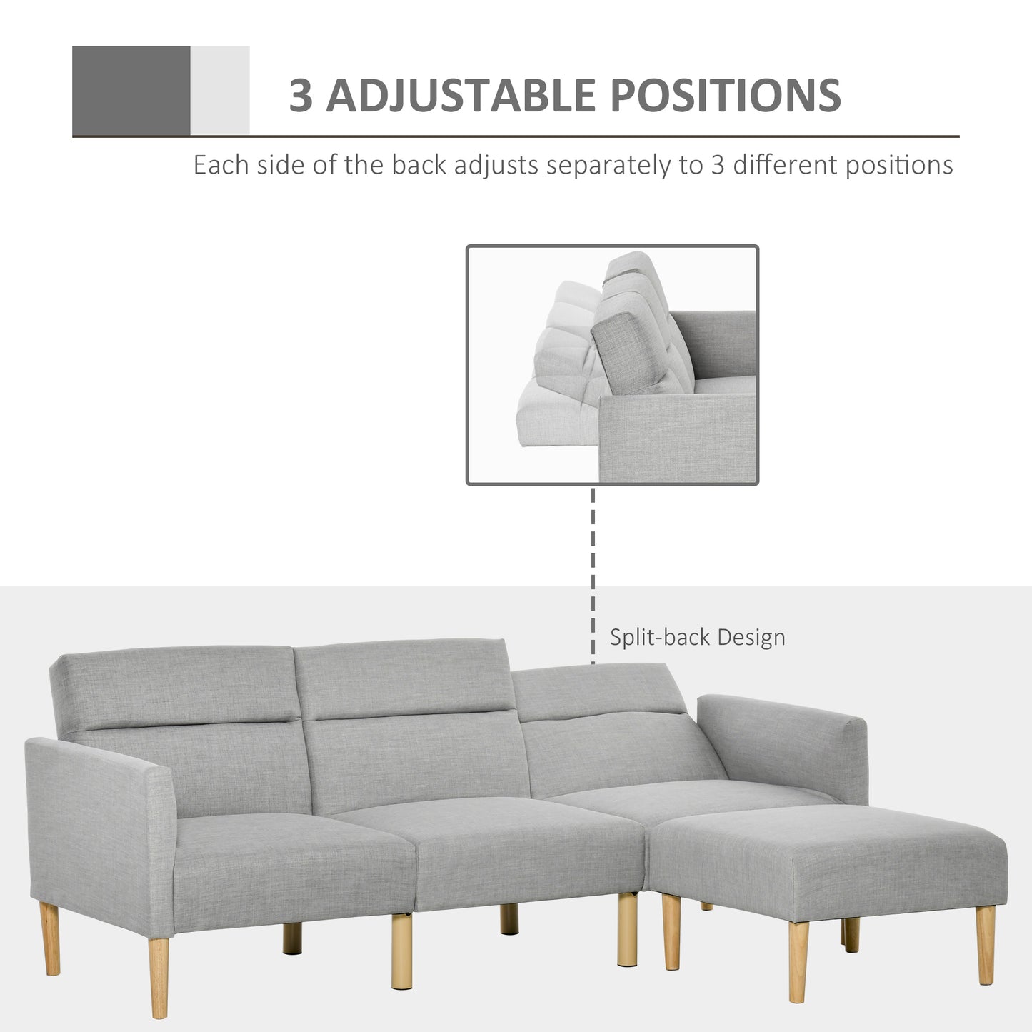 Light Grey Upholstered Sofa Bed – Reversible Sectional Sleeper Sofa with Storage Footstool – Modern Linen 3-Seater