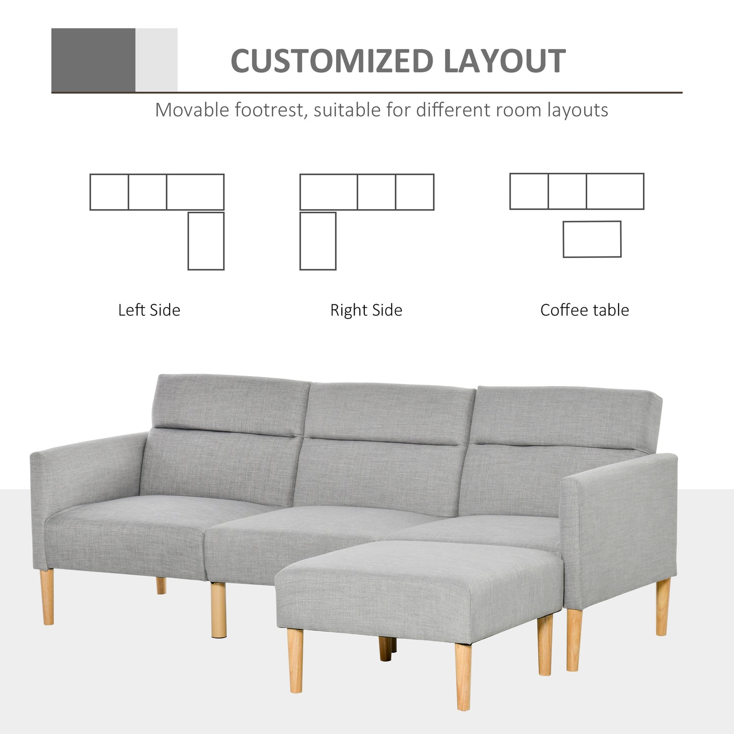 Light Grey Upholstered Sofa Bed – Reversible Sectional Sleeper Sofa with Storage Footstool – Modern Linen 3-Seater