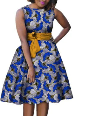 Sleeveless batik print cotton dress with high waist and flared skirt in blue and yellow tones