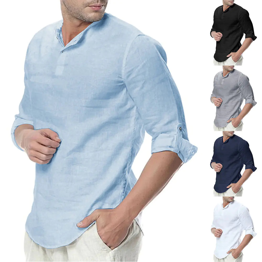 Man wearing a light blue linen shirt with rolled-up sleeves, shown from different angles on a white background.