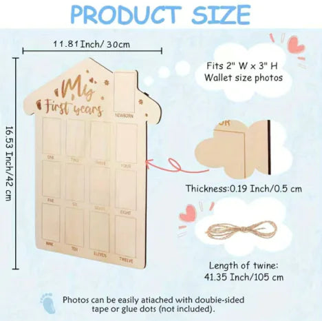 Wooden photo holder with measurements and details on a light blue background