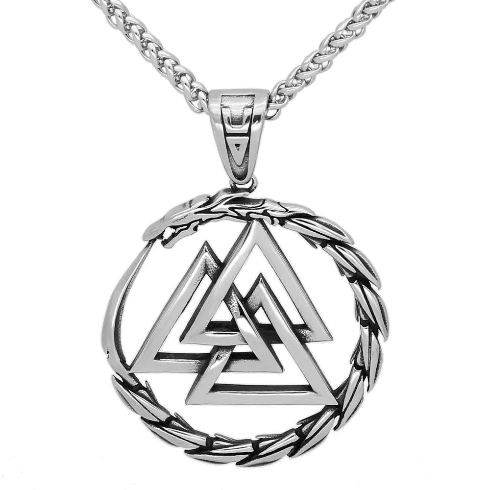 Silver Valknut necklace on a white background