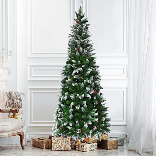 5ft Snow-Flocked Pencil Christmas Tree with pine cones and metal stand for slim festive décor