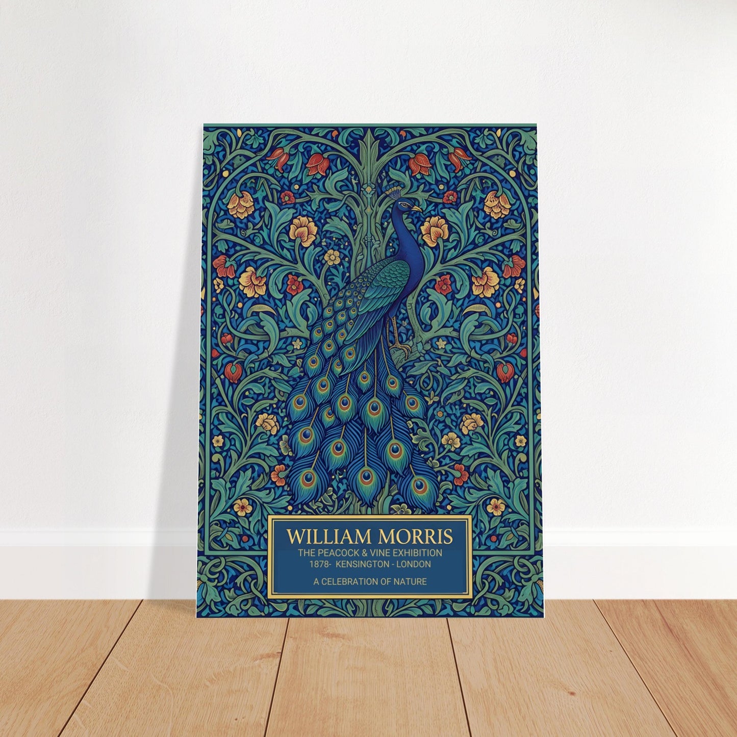 Vintage William Morris exhibition poster of a blue peacock with a long, detailed tail, surrounded by intricate green vines and orange flowers on a dark teal background. Cream-colored text at the bottom reads William Morris The Peacock and Vine Exhibition.