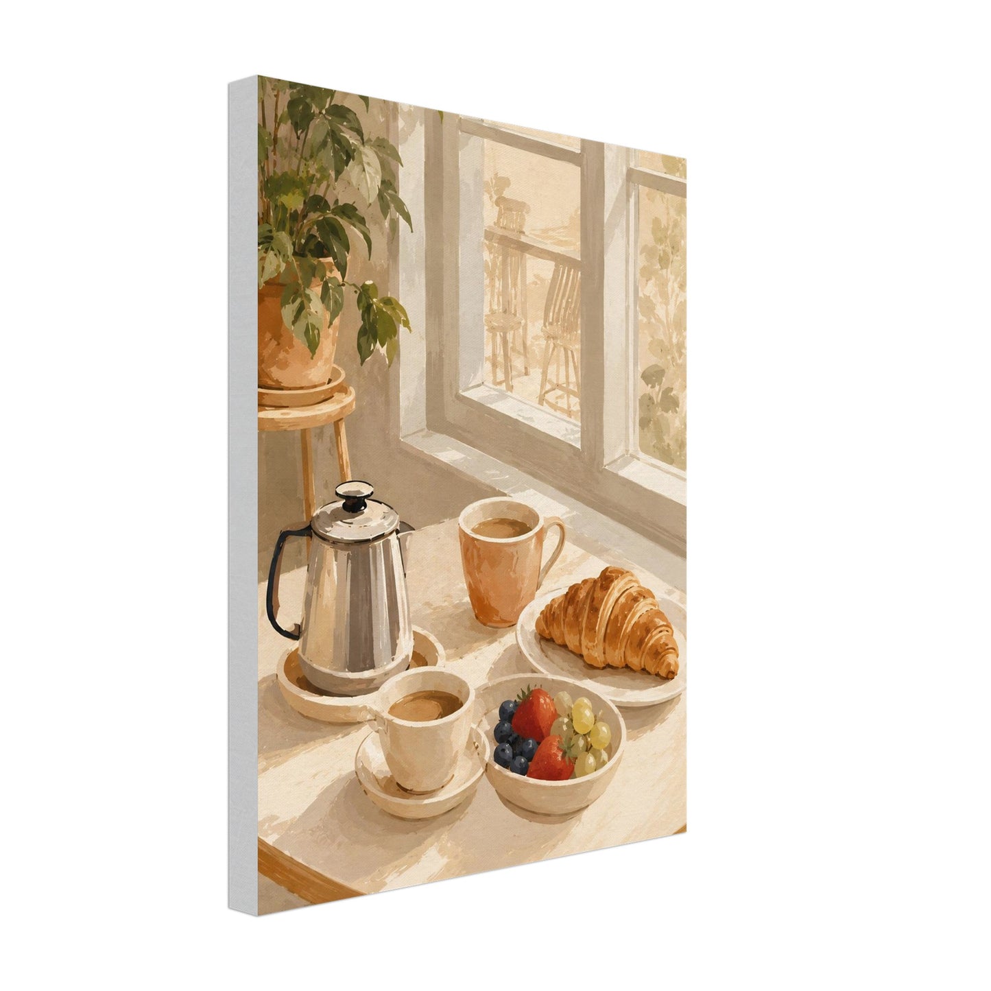Canvas print of a breakfast scene with coffee, croissant, and fruit on a windowsill.