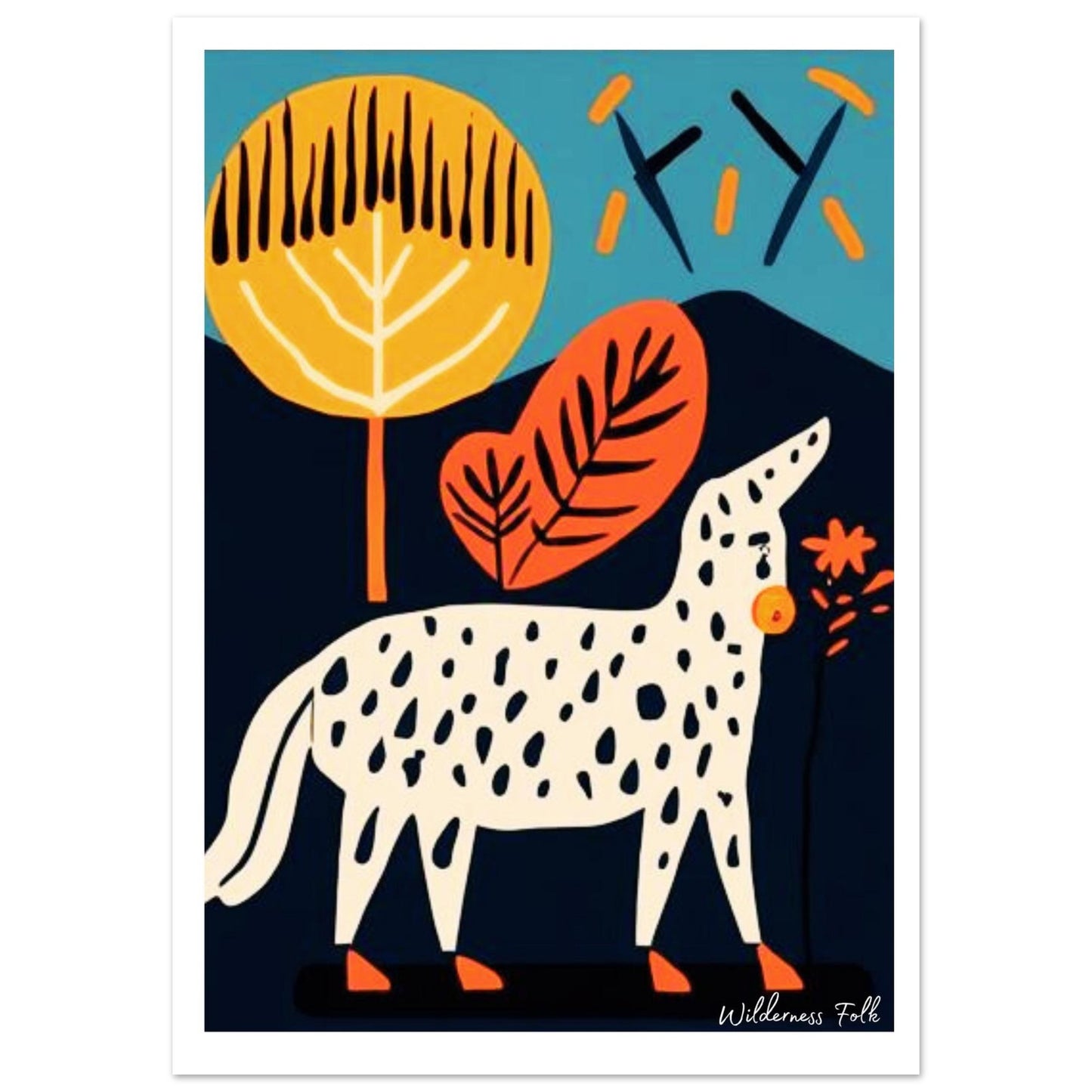 Illustration of a spotted animal with trees and abstract shapes on a blue background