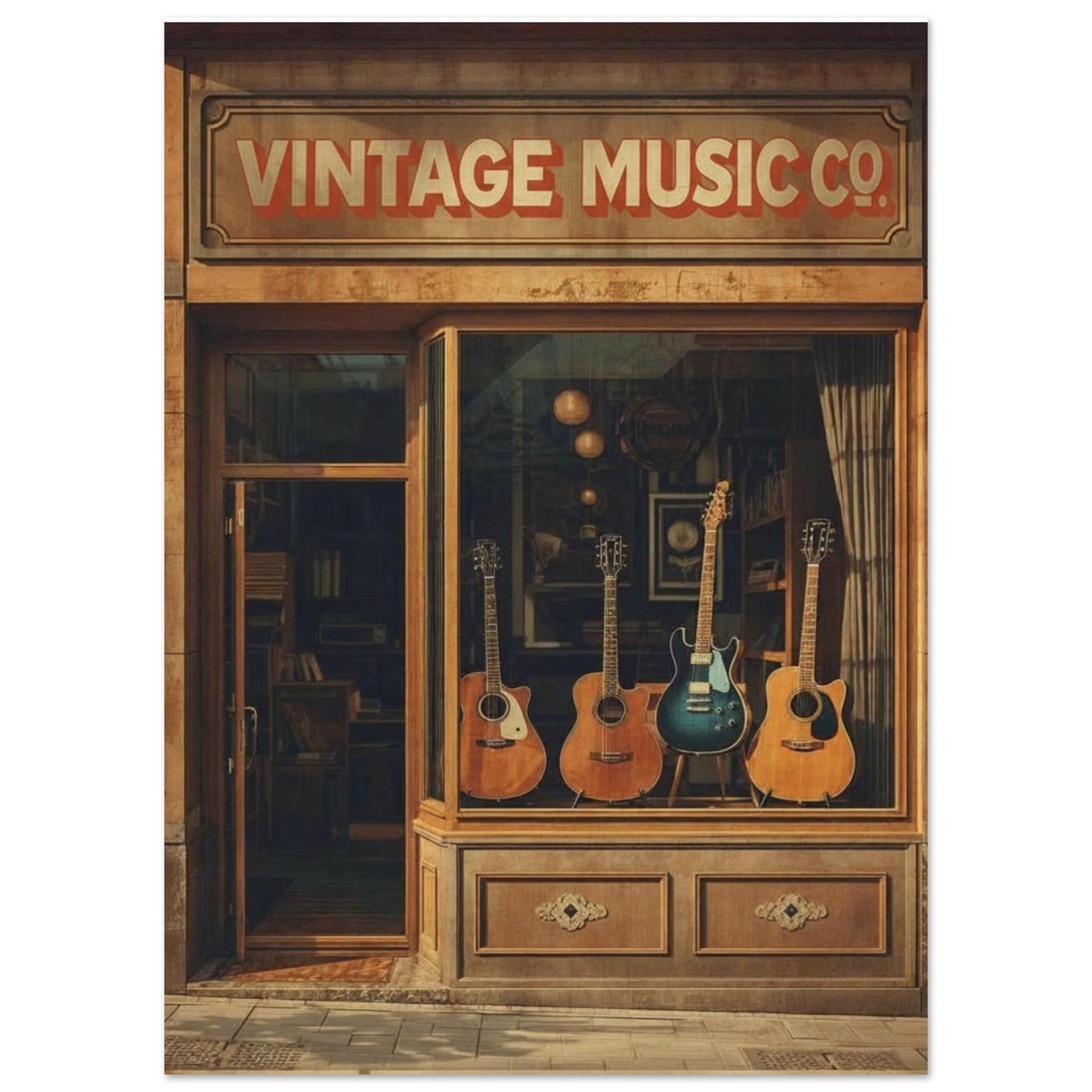 Vintage Music Co. store front with guitars in the window