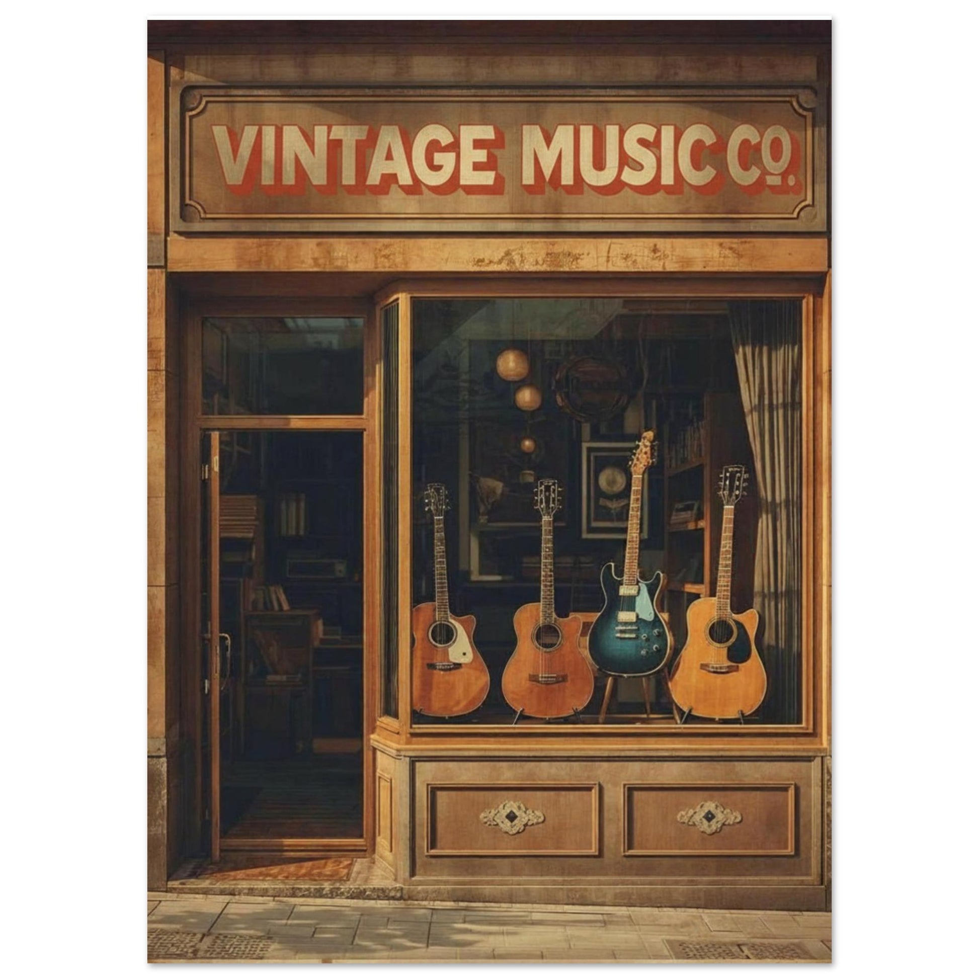 Vintage Music Co. store front with guitars in the window