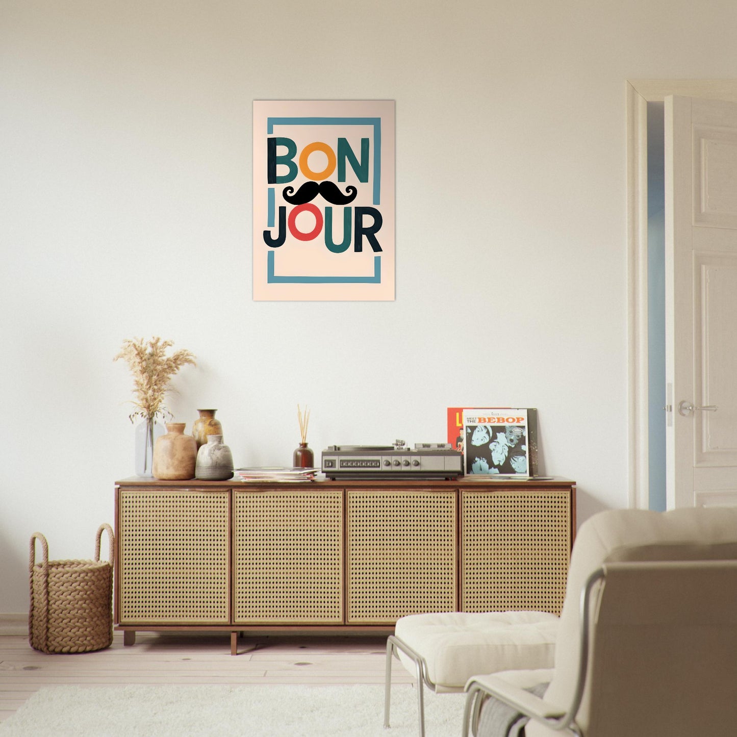 Bonjour Poster - Quirky French Greeting Wall Art with Mustache - Fun Living Room & Café Decor
