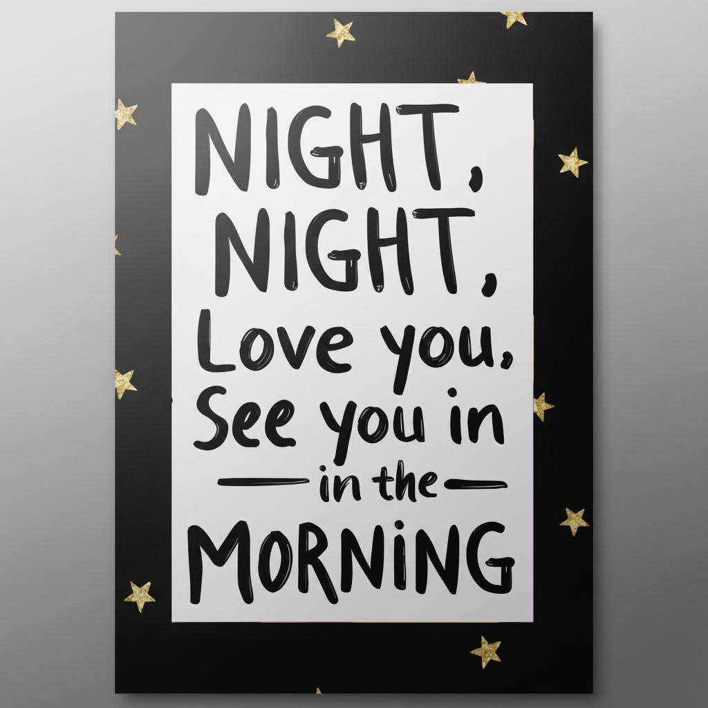 Framed print with text 'NIGHT, NIGHT, Love you, See you in the MORNING' on a black background with gold stars.