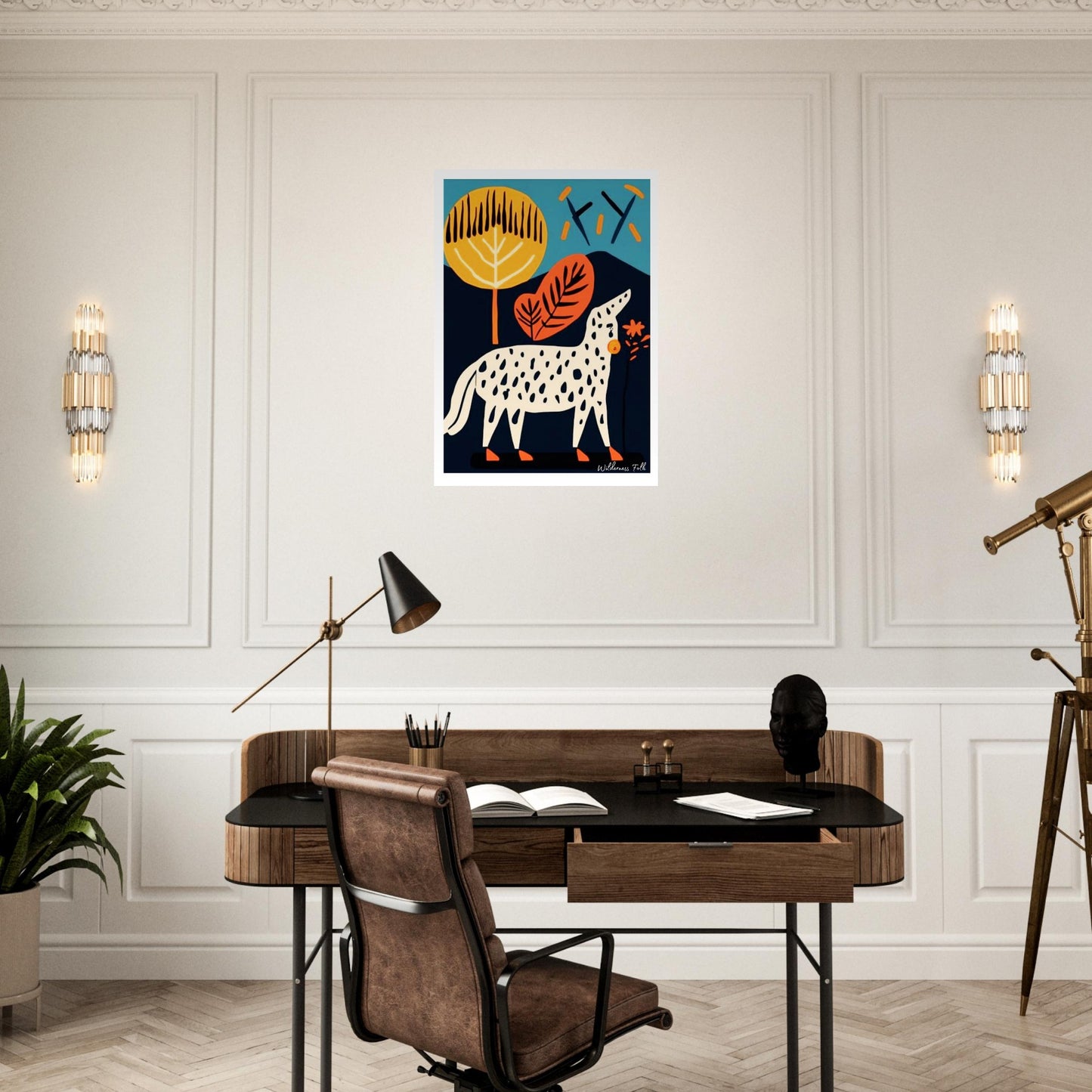 Stylish Folk Art Poster in a Modern office setup with a desk, chair, and wall art in a stylish room.