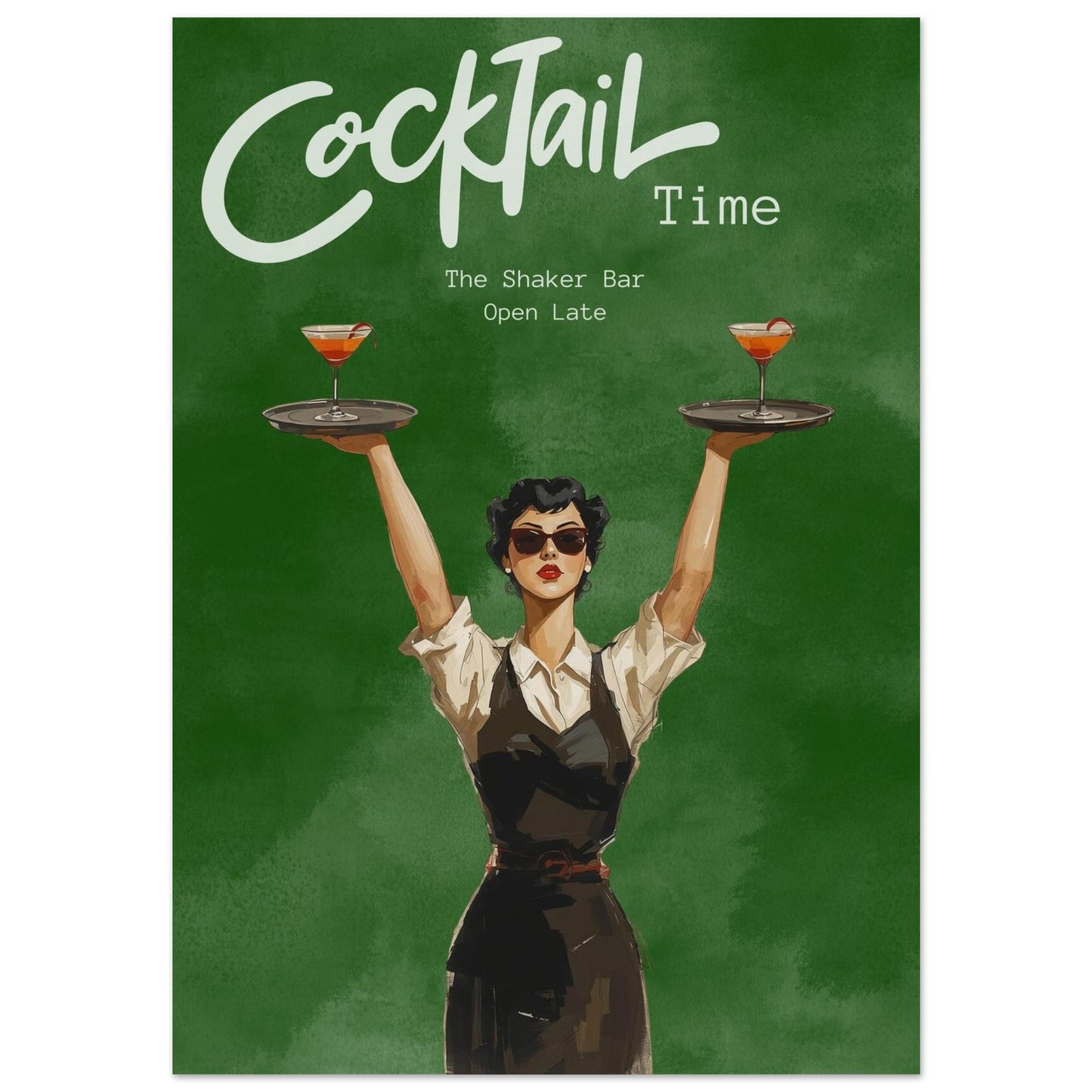 Poster of a woman holding two cocktail trays with 'Cocktail Time' text on a green background