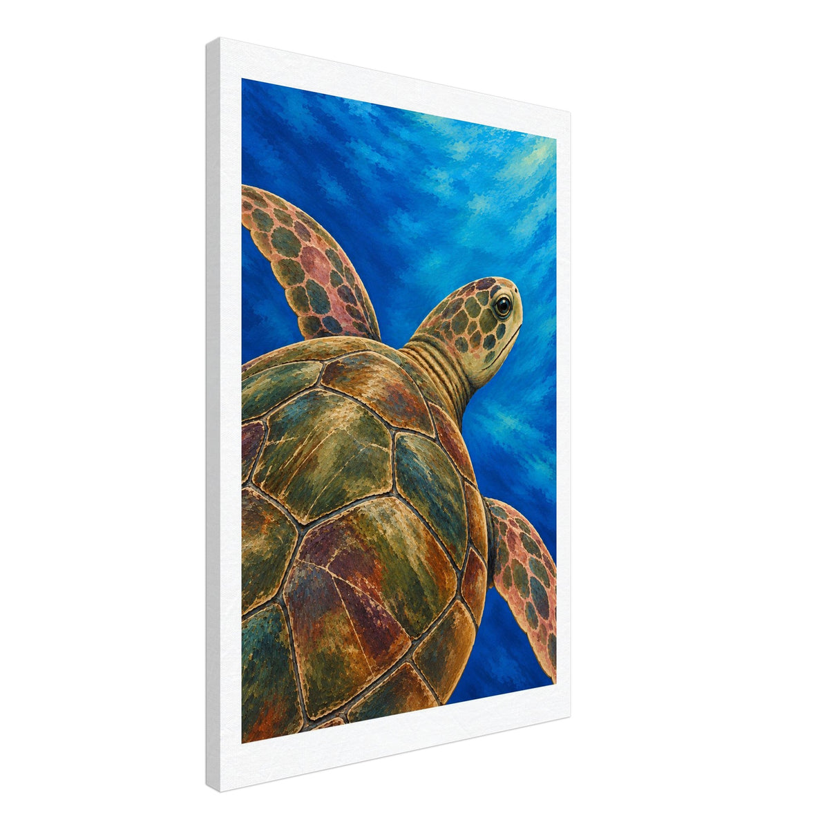 A vertical canvas wall art print depicting a sea turtle swimming underwater against a vibrant blue ocean background, shown at a three-quarter angle on a white studio background.