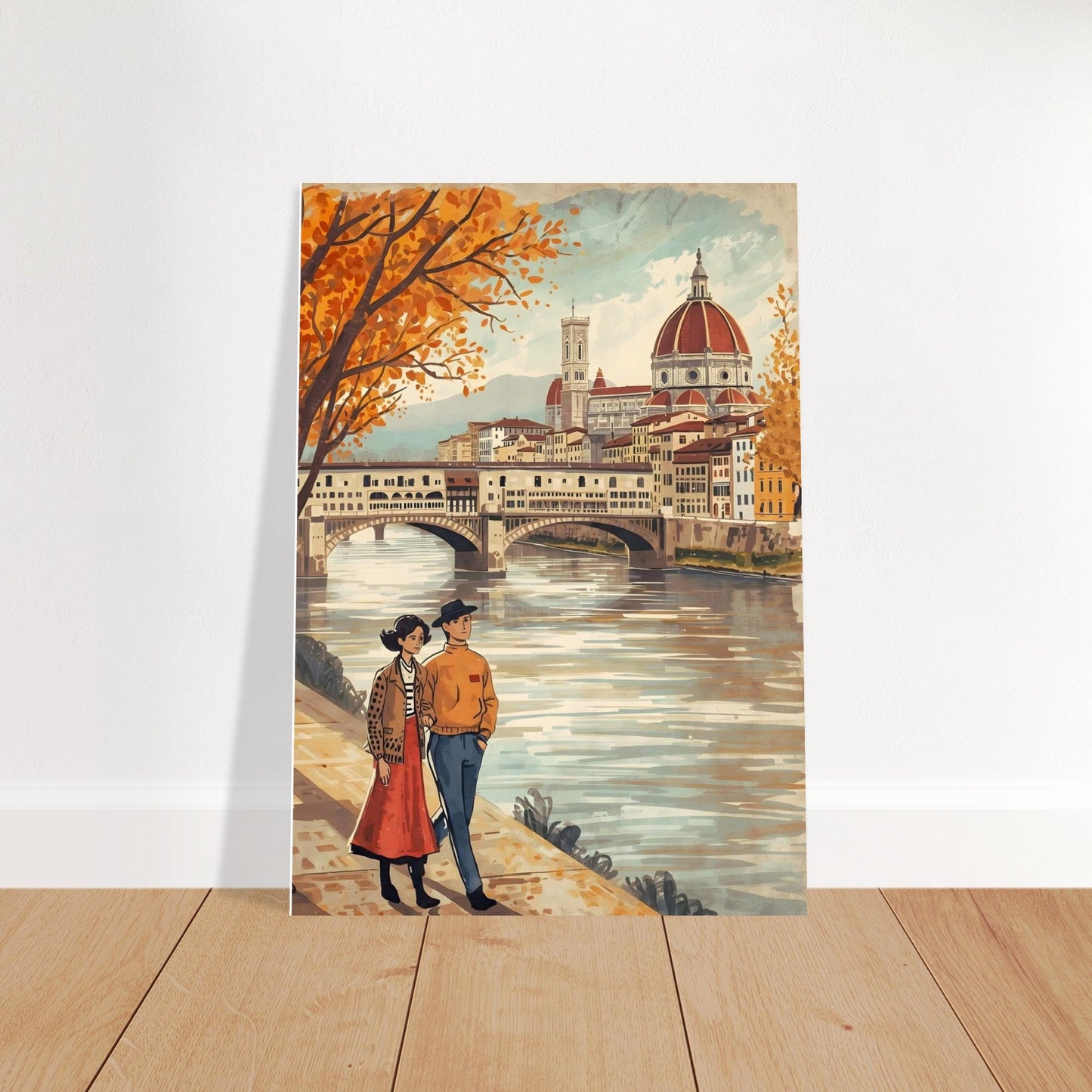 Florence folk art wall print featuring a couple walking beside the Arno River with the Duomo skyline in warm autumn tones