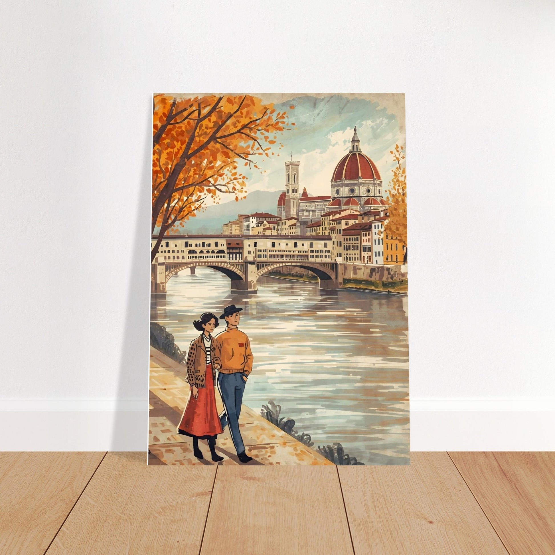 Florence folk art wall print featuring a couple walking beside the Arno River with the Duomo skyline in warm autumn tones