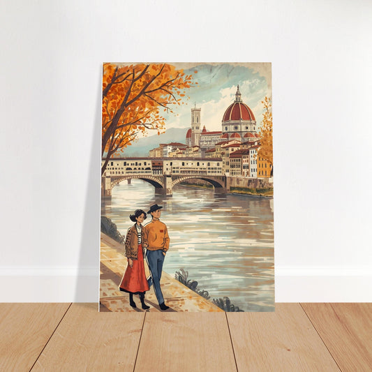 Florence folk art wall print featuring a couple walking beside the Arno River with the Duomo skyline in warm autumn tones