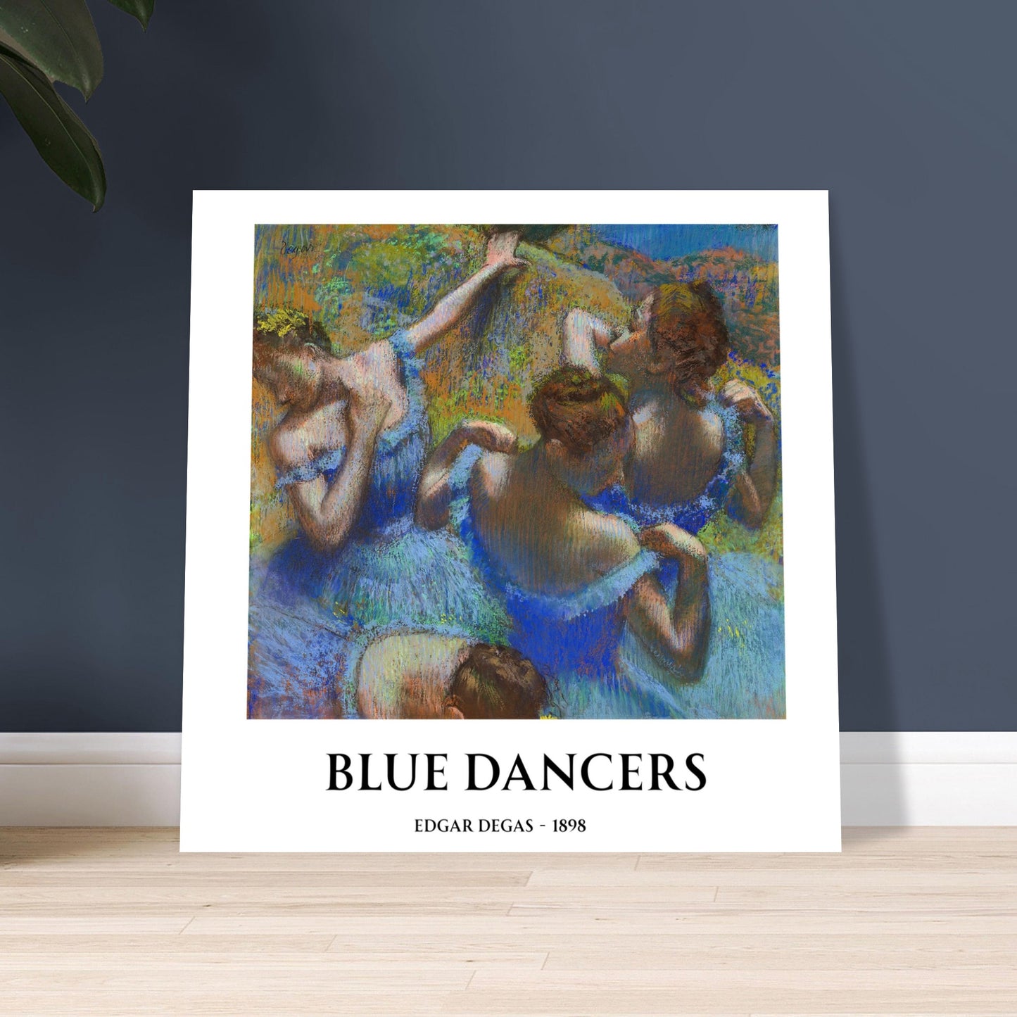 Blue Dancers art poster featuring ballerinas in motion, matte reproduction of Edgar Degasâ€™ impressionist painting