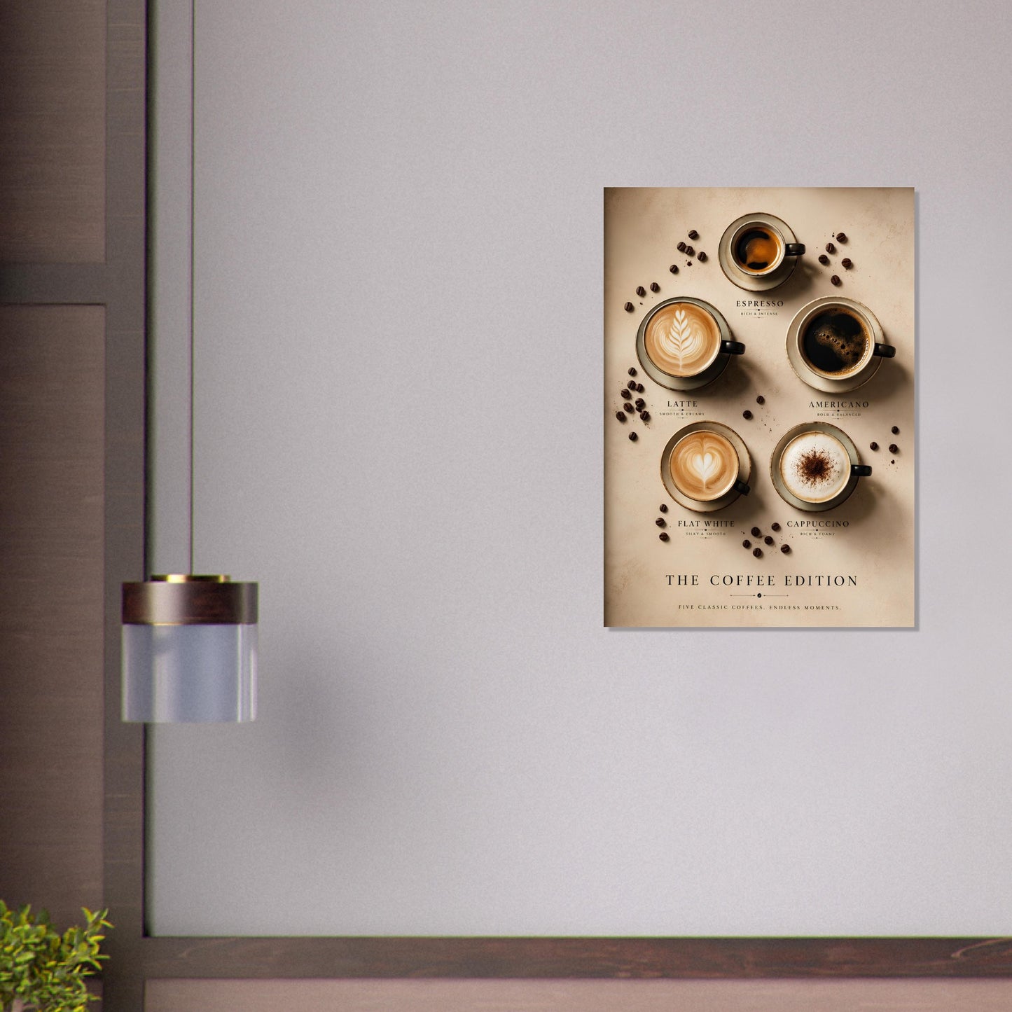 Framed artwork of coffee cups on a wall above a wooden shelf.