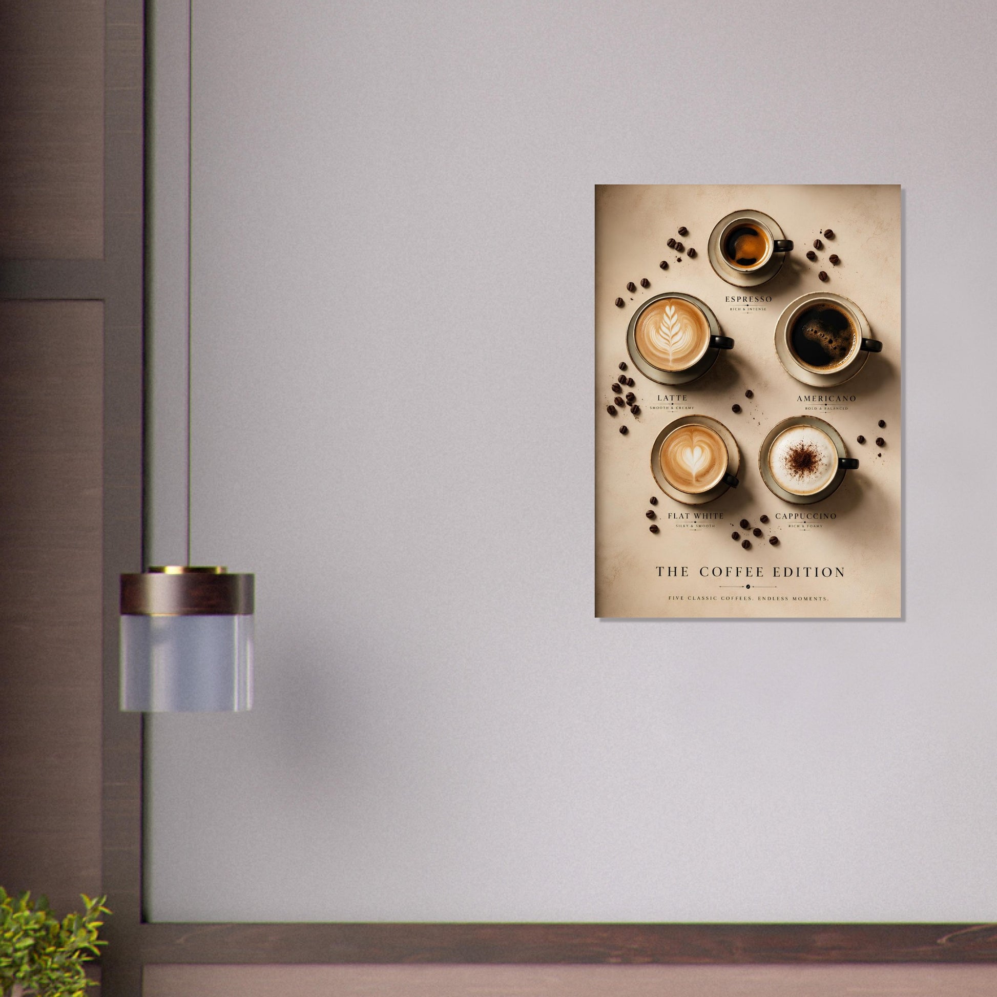 Framed artwork of coffee cups on a wall above a wooden shelf.