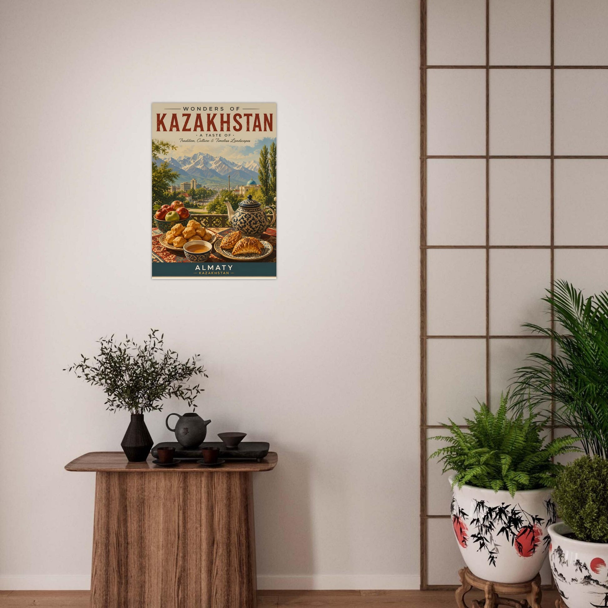 Poster of 'Wonders of Kazakhstan' on a wall above a wooden table with plants.