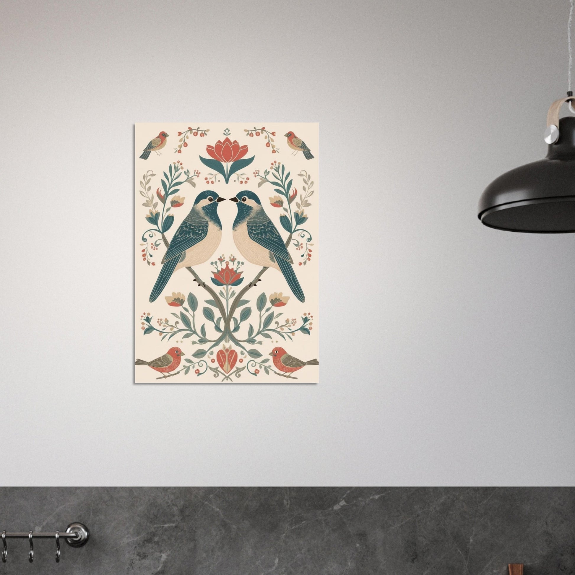 Folk art bird illustration print styled on grey wall with soft natural light