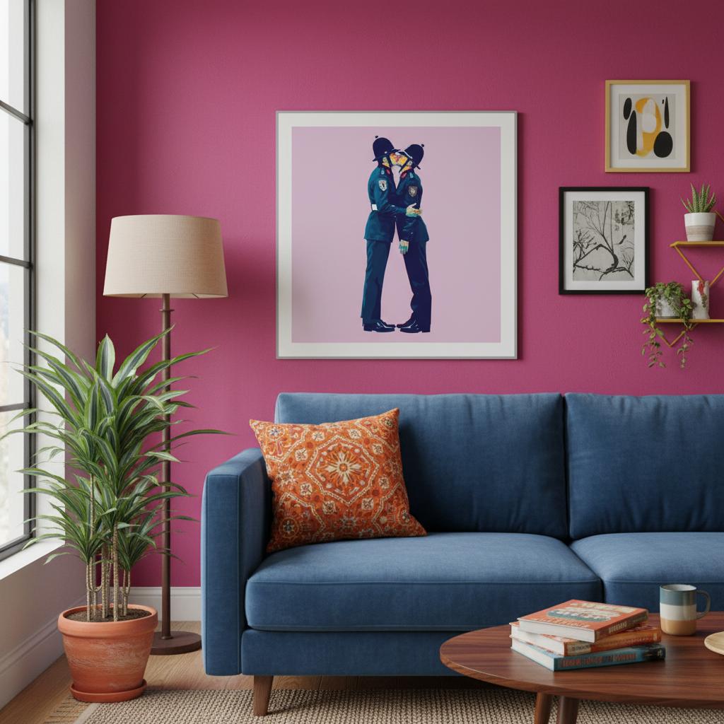 Living room with a blue sofa, pink wall, and framed artwork.