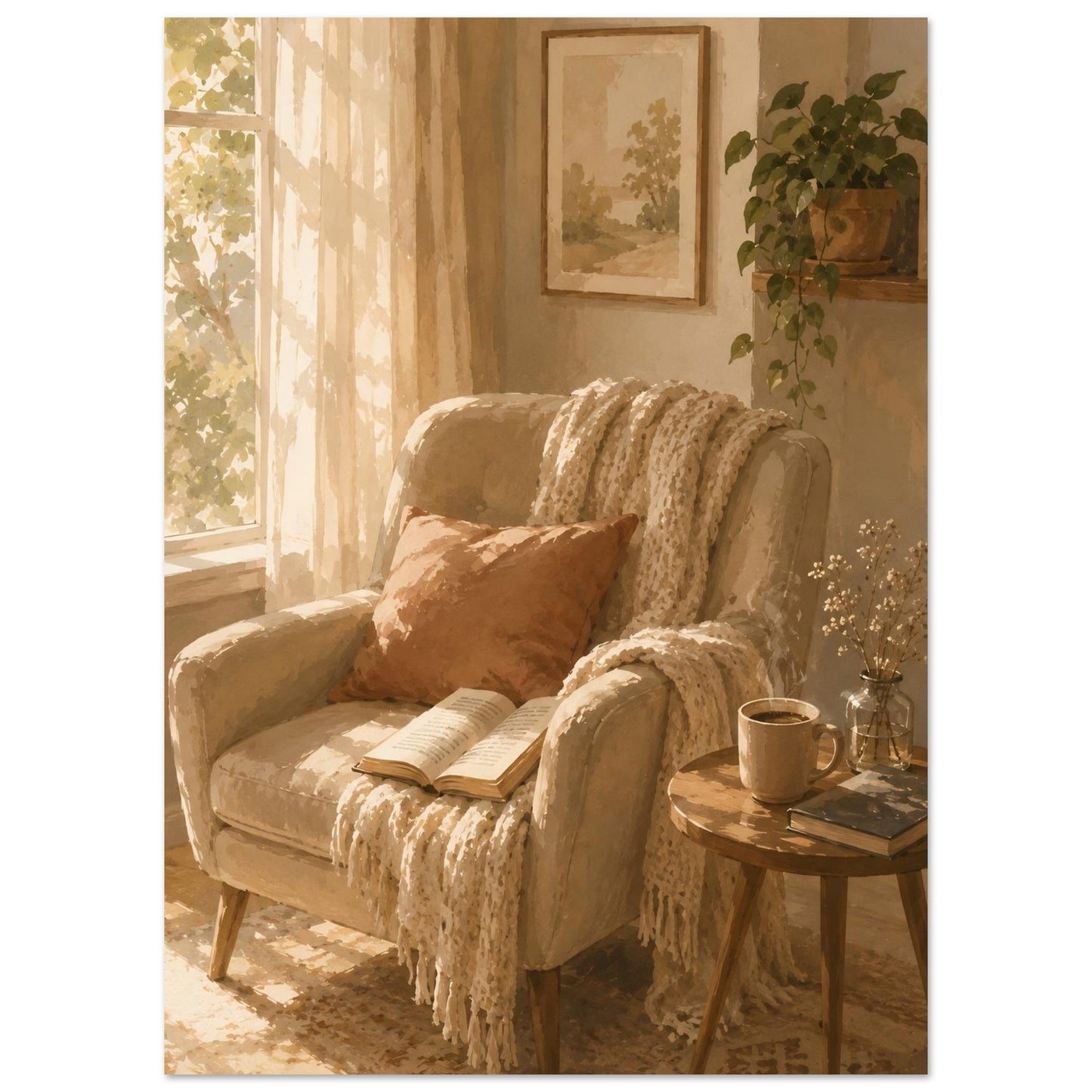 Cozy armchair and coffee watercolor poster styled in bright warm-toned reading corner interior