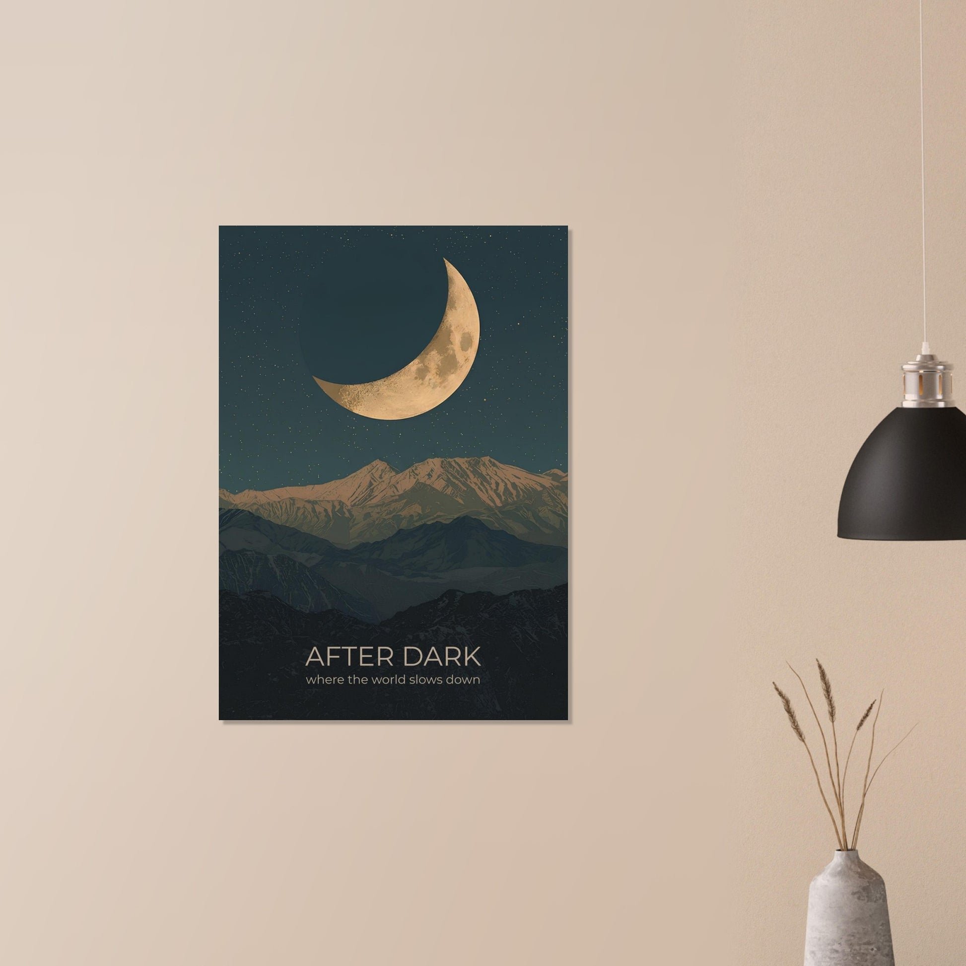 Moon wall art displayed in a minimalist interior, featuring a giant crescent moon and tranquil mountain landscape.