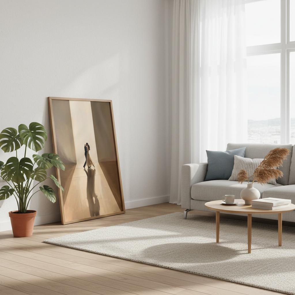 Modern living room with a gray sofa, coffee table, and decorative items.