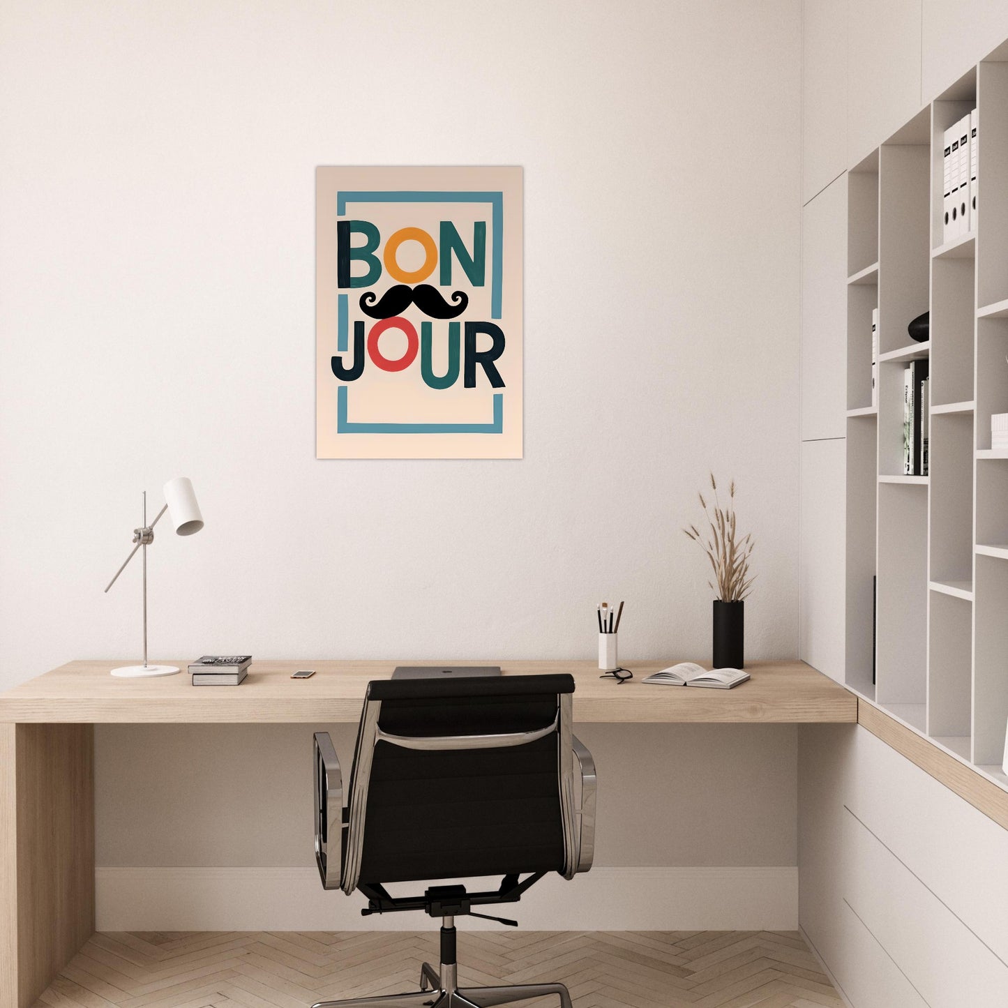 Bonjour Poster - Quirky French Greeting Wall Art with Mustache - Fun Living Room & Café Decor