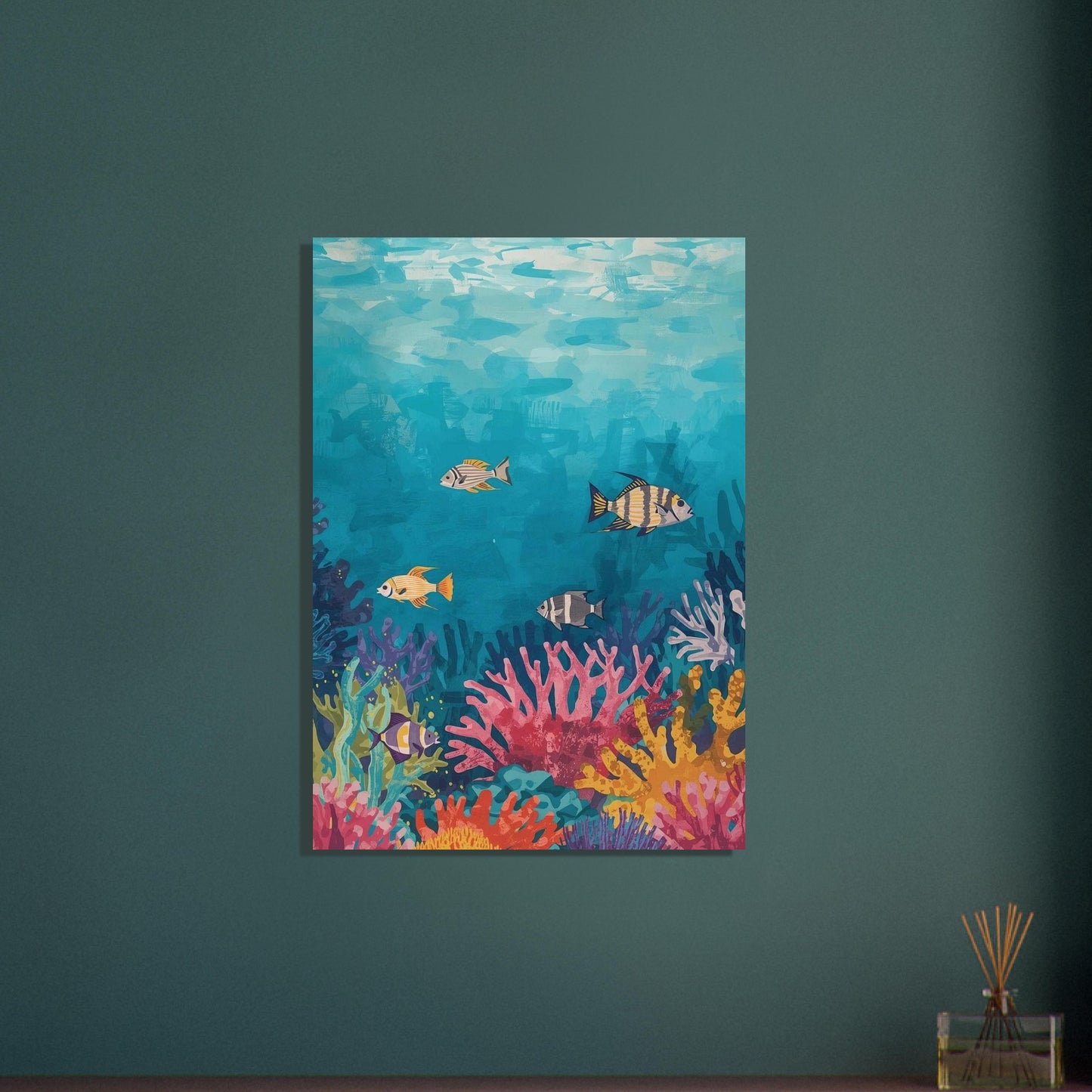 Colorful underwater scene painting with fish and coral on a teal wall.