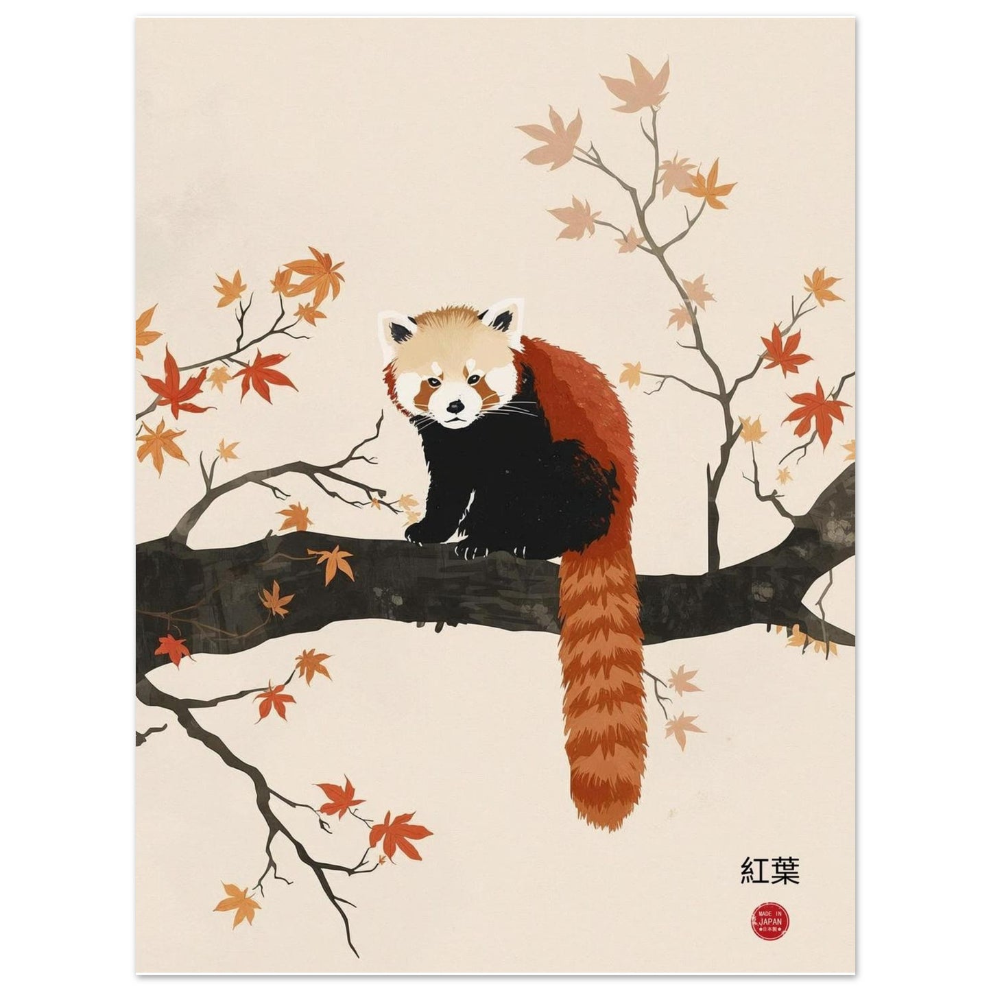 Illustration of a red panda on a branch with autumn leaves