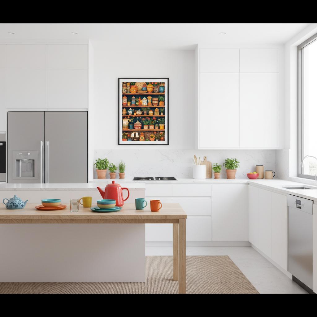 Modern kitchen with white cabinets, a wooden island, and decorative items.