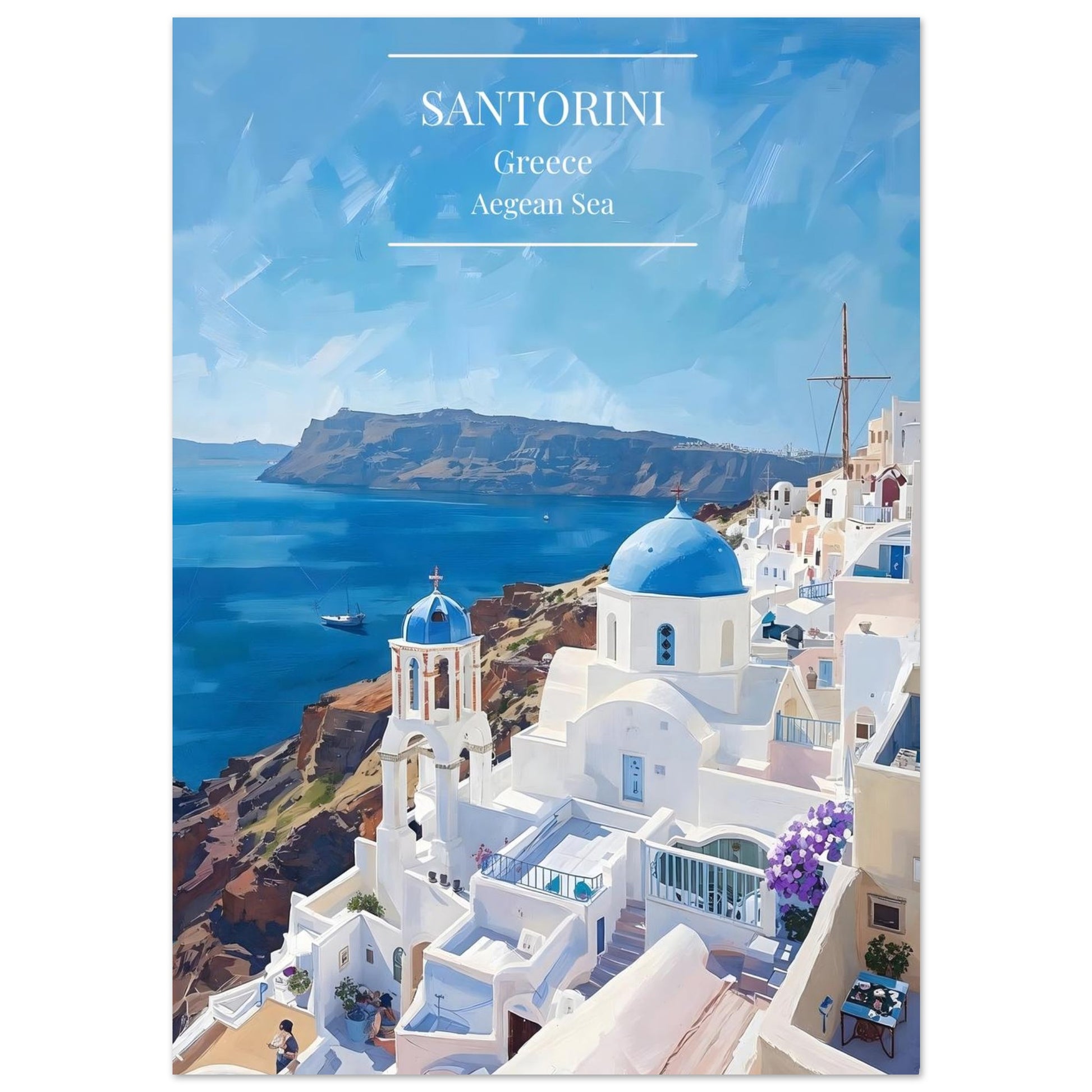 Santorini, Greece with iconic white buildings and blue domes by the Aegean Sea.