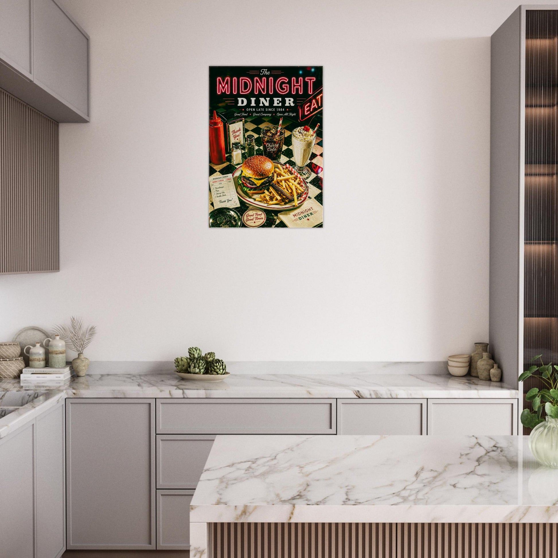 Retro diner poster displayed above a kitchen counter in a modern white kitchen