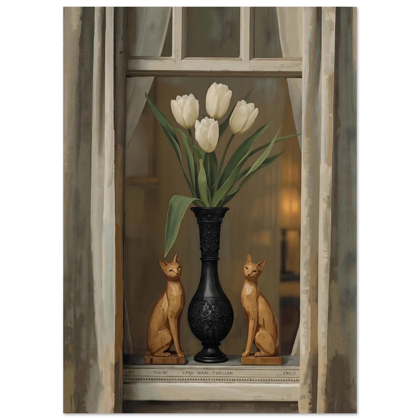 Decorative scene with a vase of white tulips between two wooden cat figurines, framed by curtains.