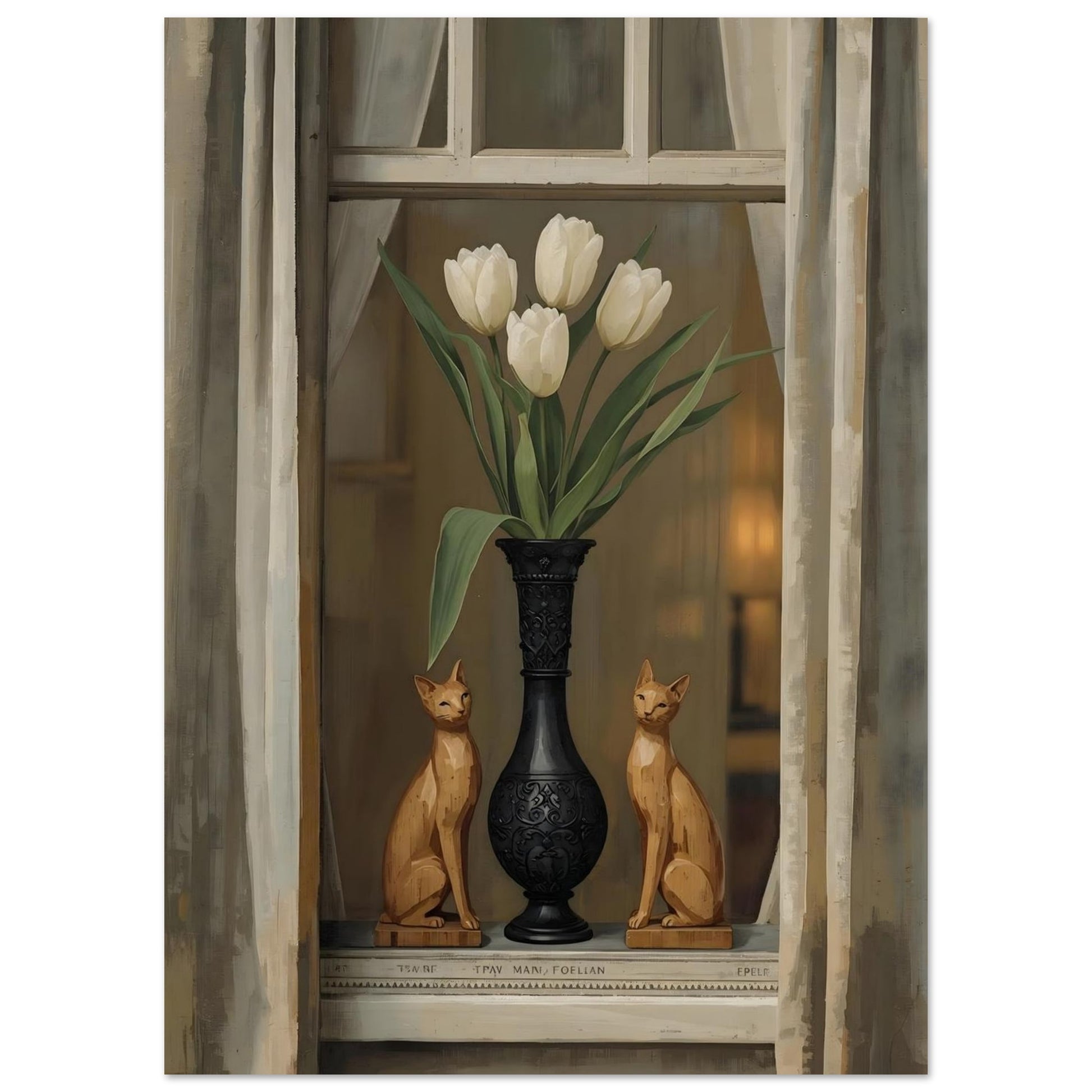 Decorative scene with a vase of white tulips between two wooden cat figurines, framed by curtains.