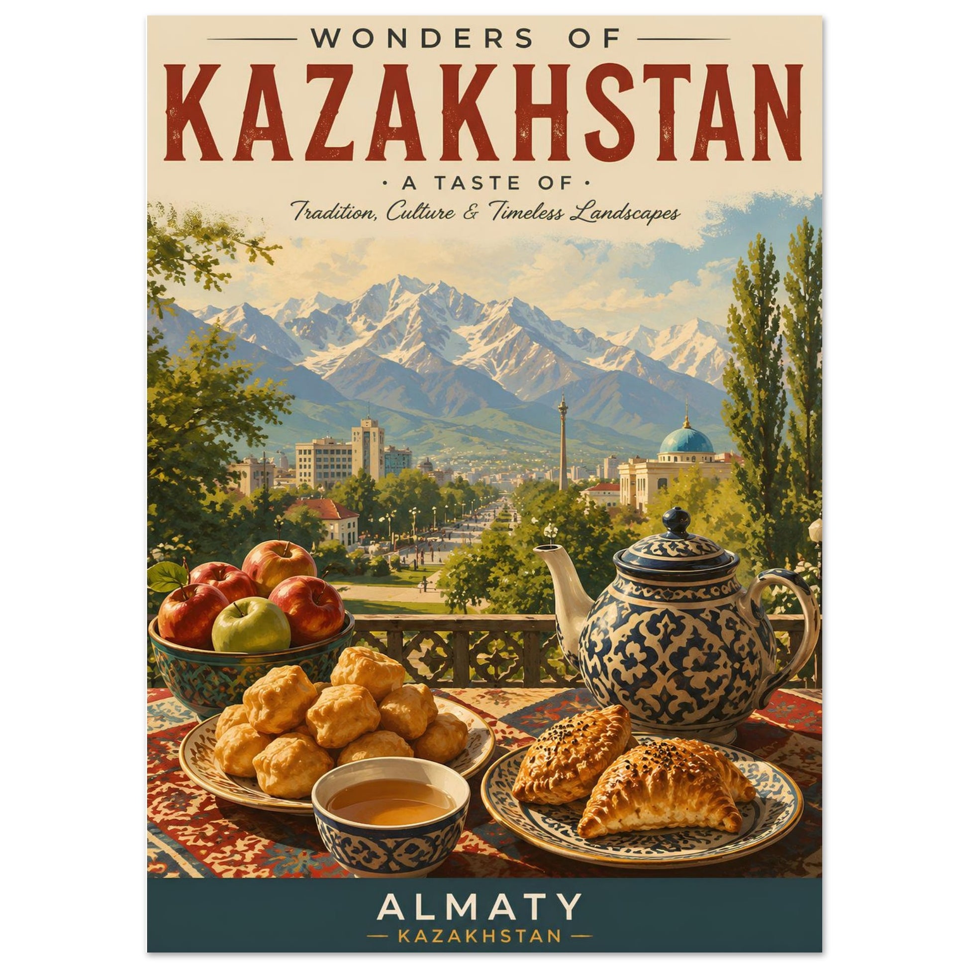 Poster of 'Wonders of Kazakhstan' with scenic view and traditional food items.