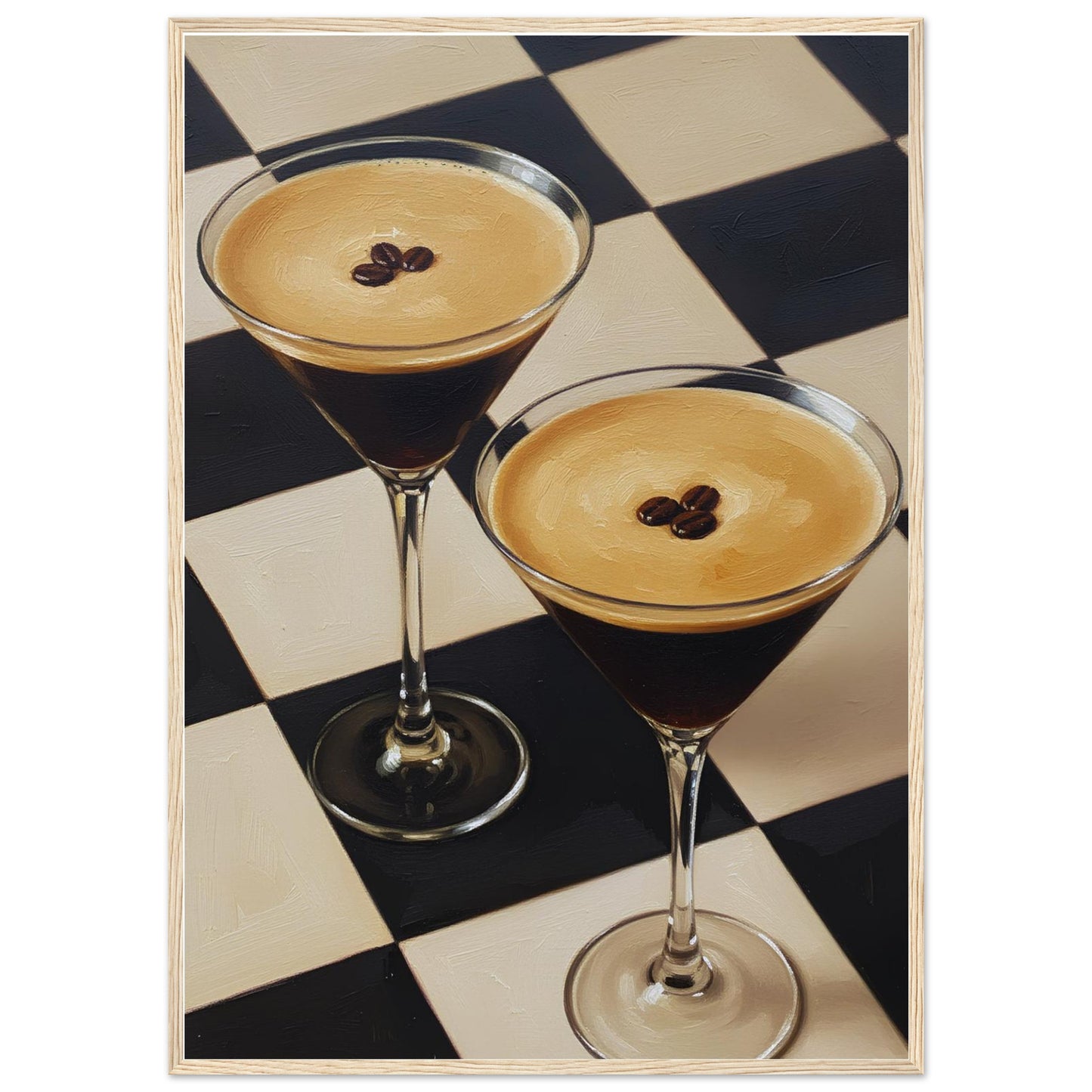 Framed Espresso Martini print featuring two classic cocktails with rich coffee tones and a geometric checkerboard pattern.