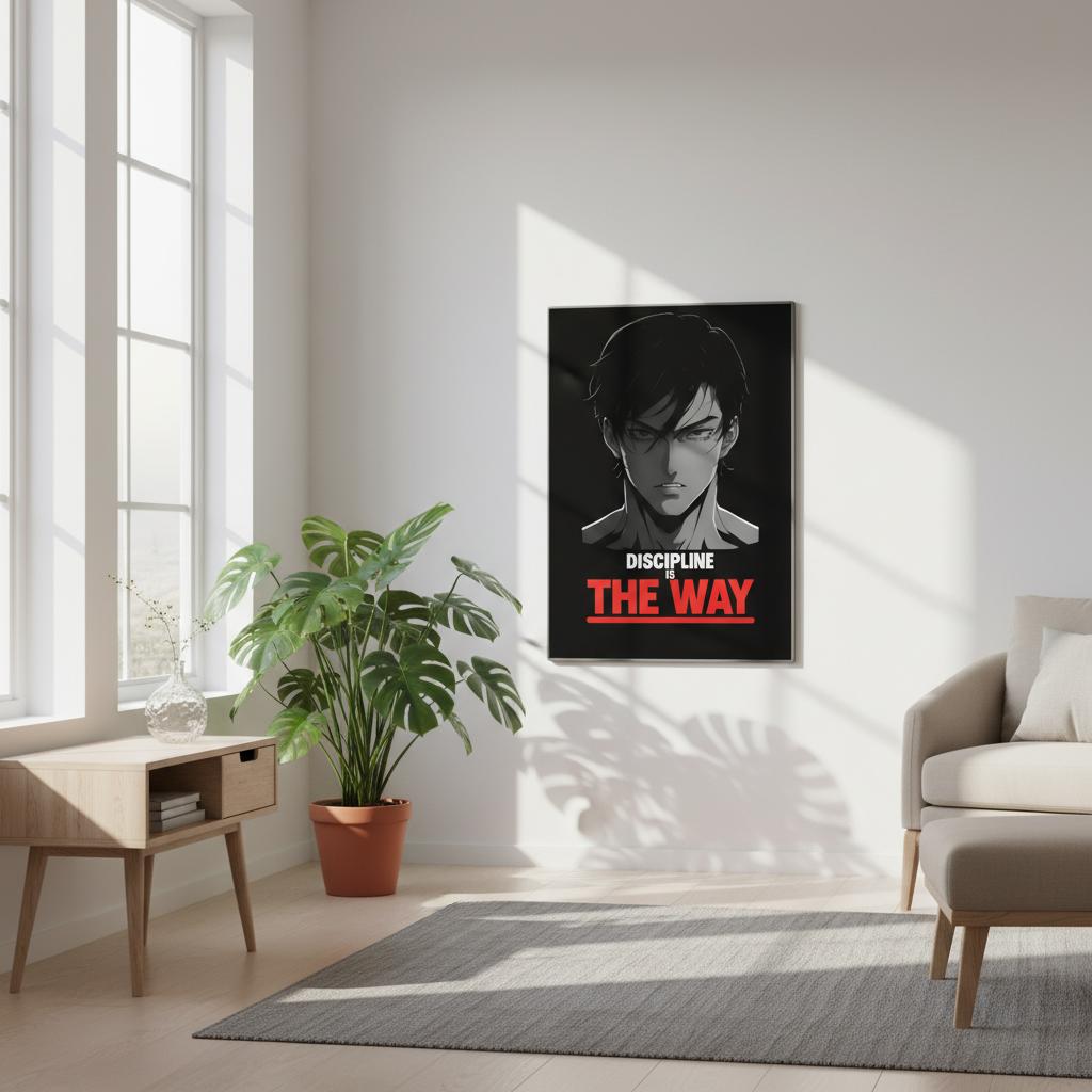 Modern living room with a poster of a character and motivational quote on the wall.