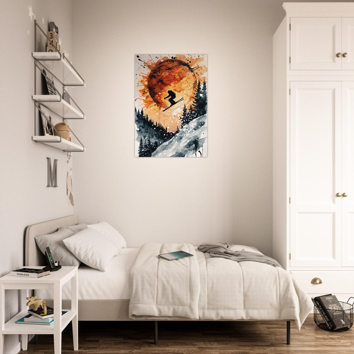 Modern bedroom with a bed, nightstand, and wall art of a skier against an orange sun.