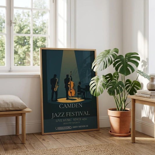 Camden Jazz Festival poster in modern living room with plant decor