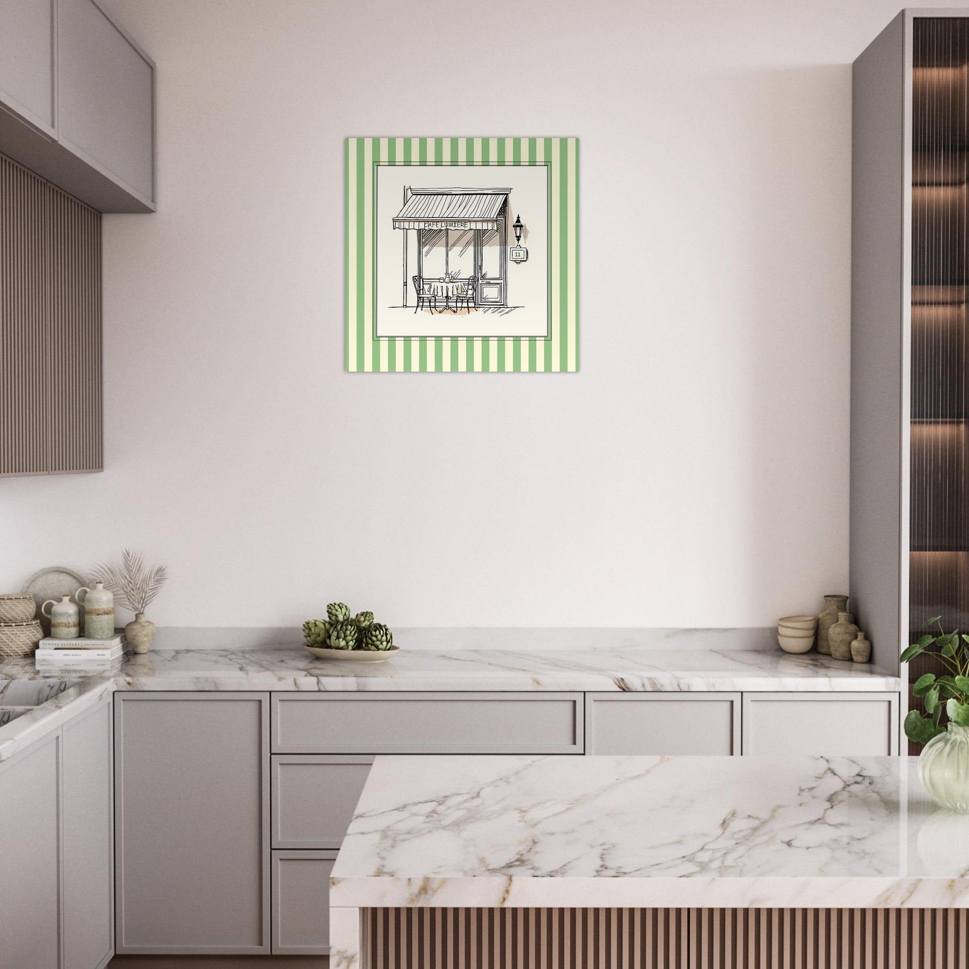 Lifestyle mockup of Café Lumière Paris art print displayed in modern neutral interior