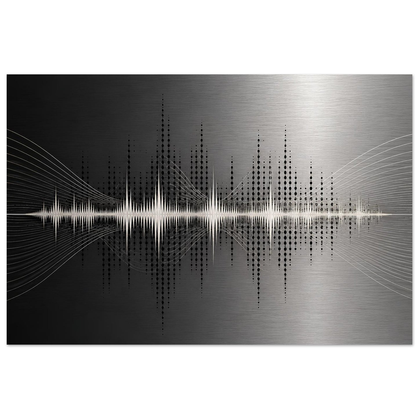 Abstract music wall art featuring a white soundwave, dotted frequency pattern and flowing lines across a black and silver metallic background.