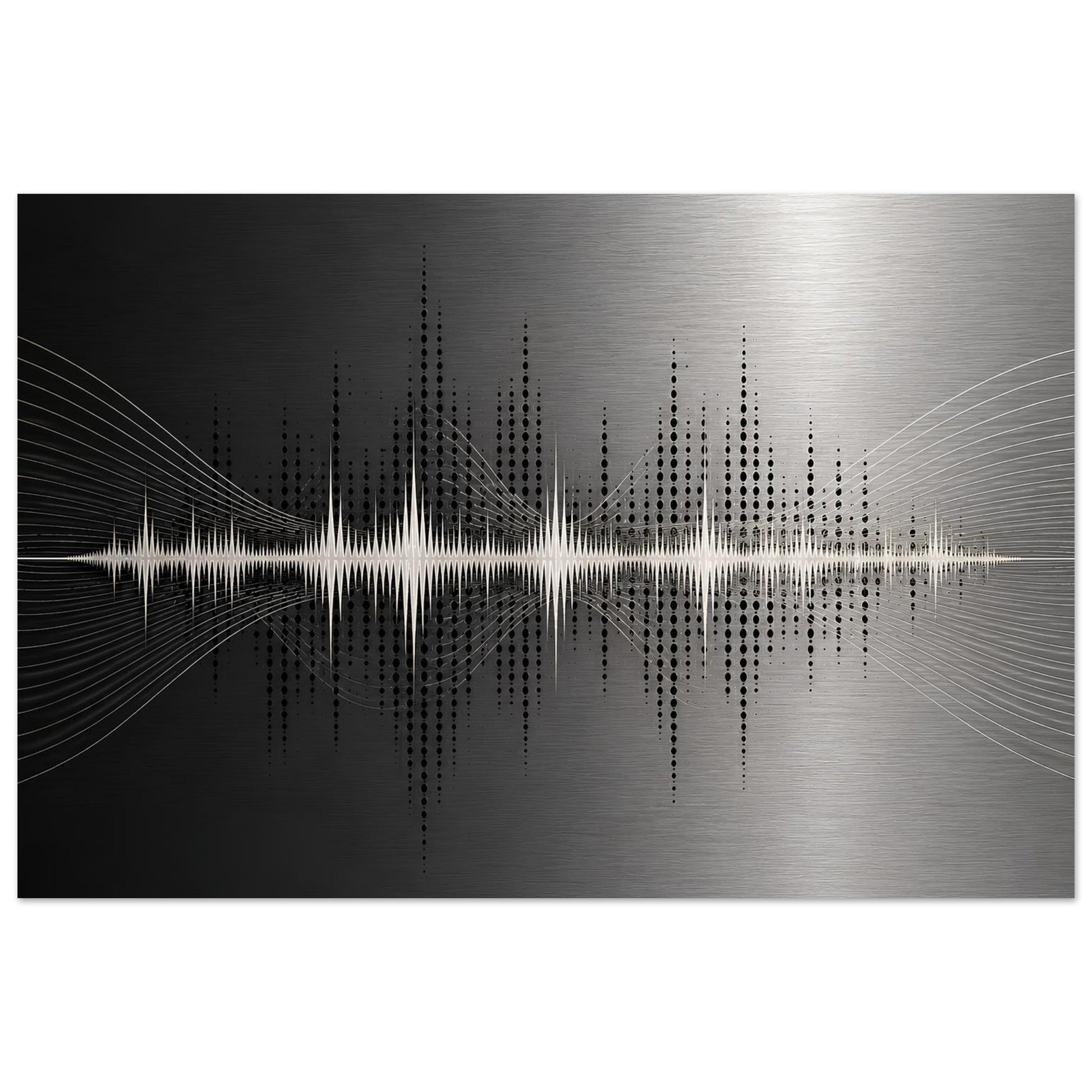 Abstract music wall art featuring a white soundwave, dotted frequency pattern and flowing lines across a black and silver metallic background.