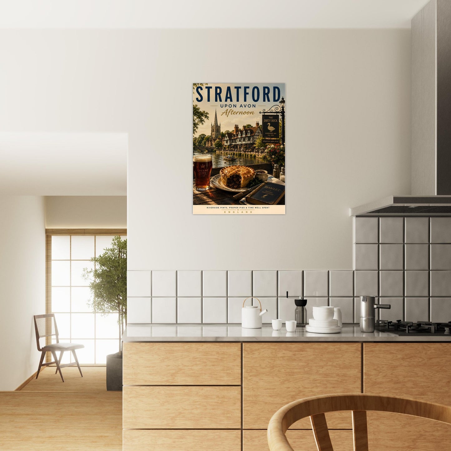 Stratford-upon-Avon Afternoon travel poster styled in a bright kitchen interior with clean neutral décor and traditional English charm.