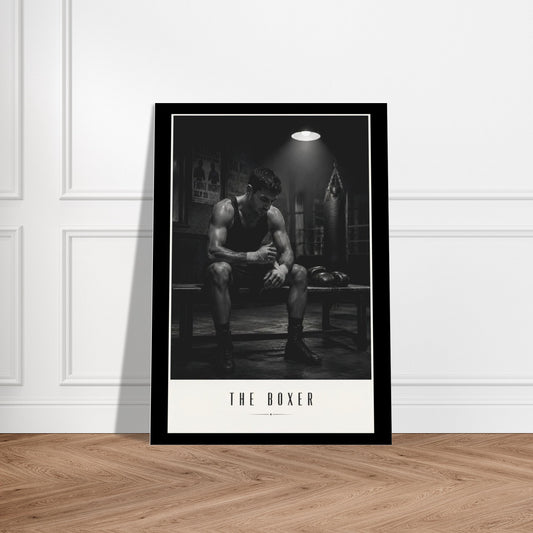 The Boxer black and white boxing wall art displayed in a modern interior, featuring a lone boxer seated beneath dramatic overhead lighting.