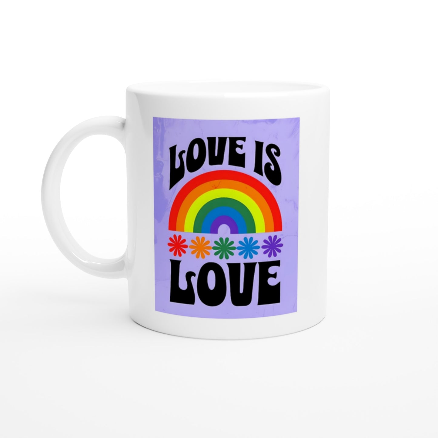White mug with a rainbow and 'Love is Love' text on a purple background