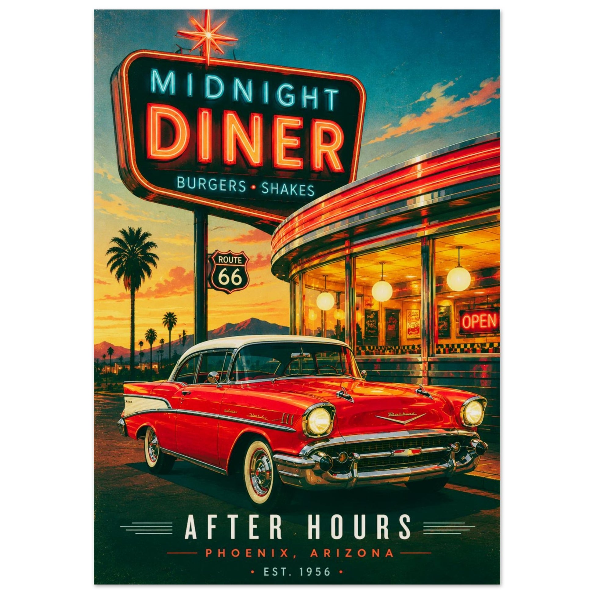 Vintage Poster - red car parked in front of a 50s diner with a neon sign on a sunset background.