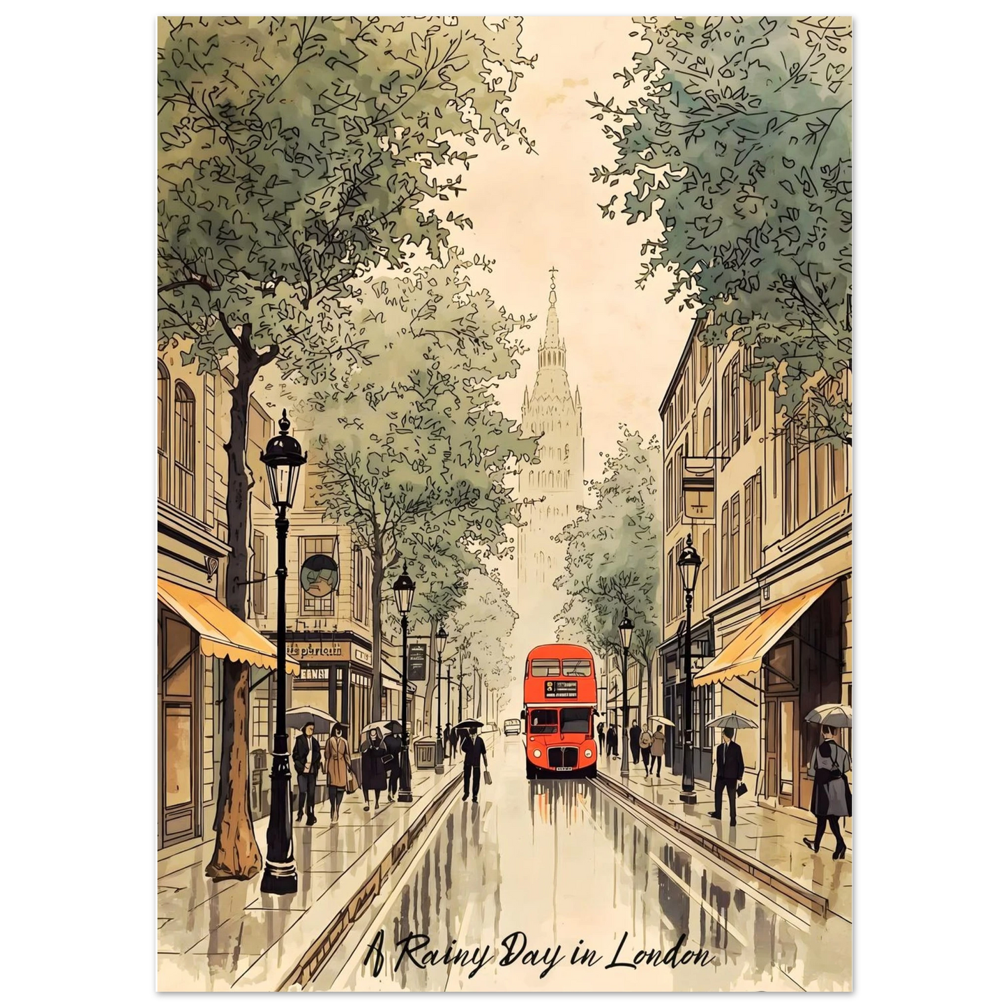 Illustration of a rainy day in London with a red double-decker bus and people with umbrellas.